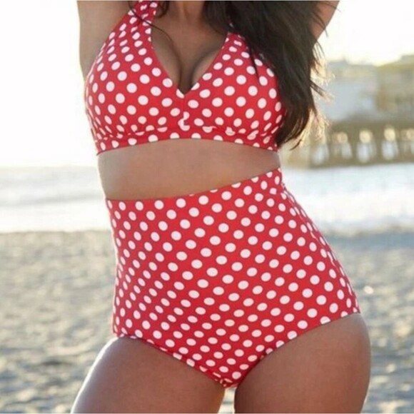 Swimsuits For All Womens Bikini Size 24 Halter Top High Waist Polka Dot Pinup - Picture 1 of 14